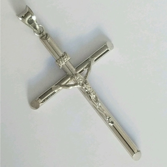 Real 14k white Gold Jesus Crucifix Cross Pendant 2 inch long